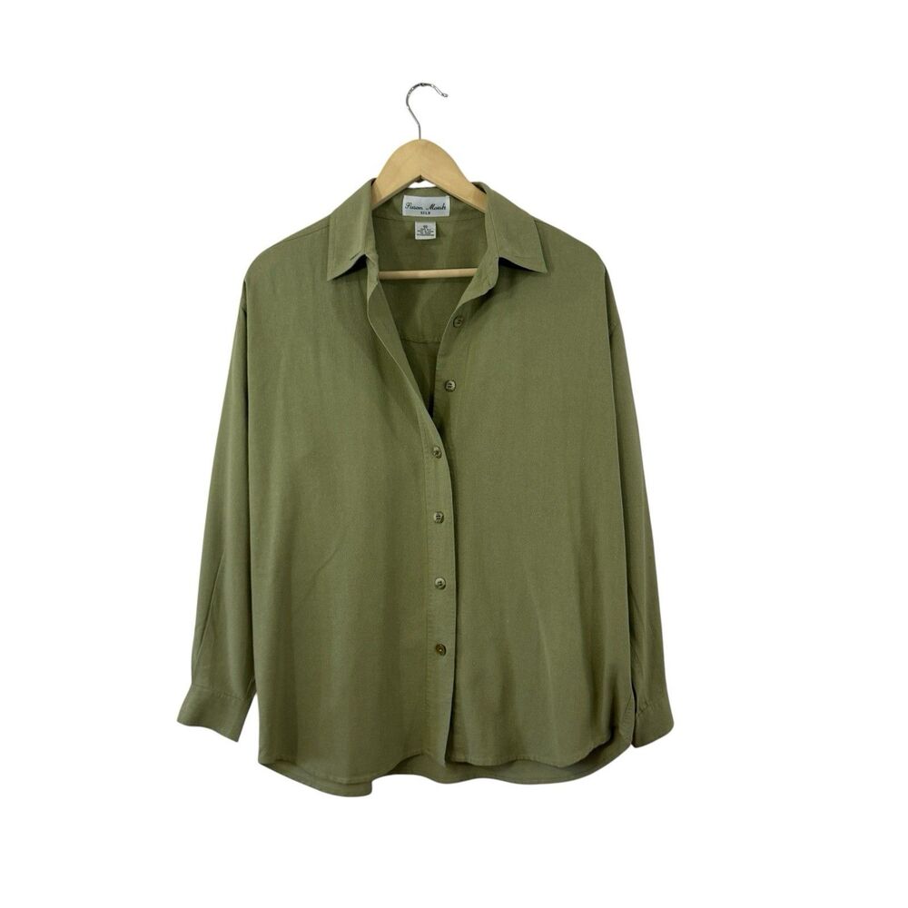 Vintage Susan Marsh Medium Button Up 100% Silk Top Green Long Sleeve Womens READ